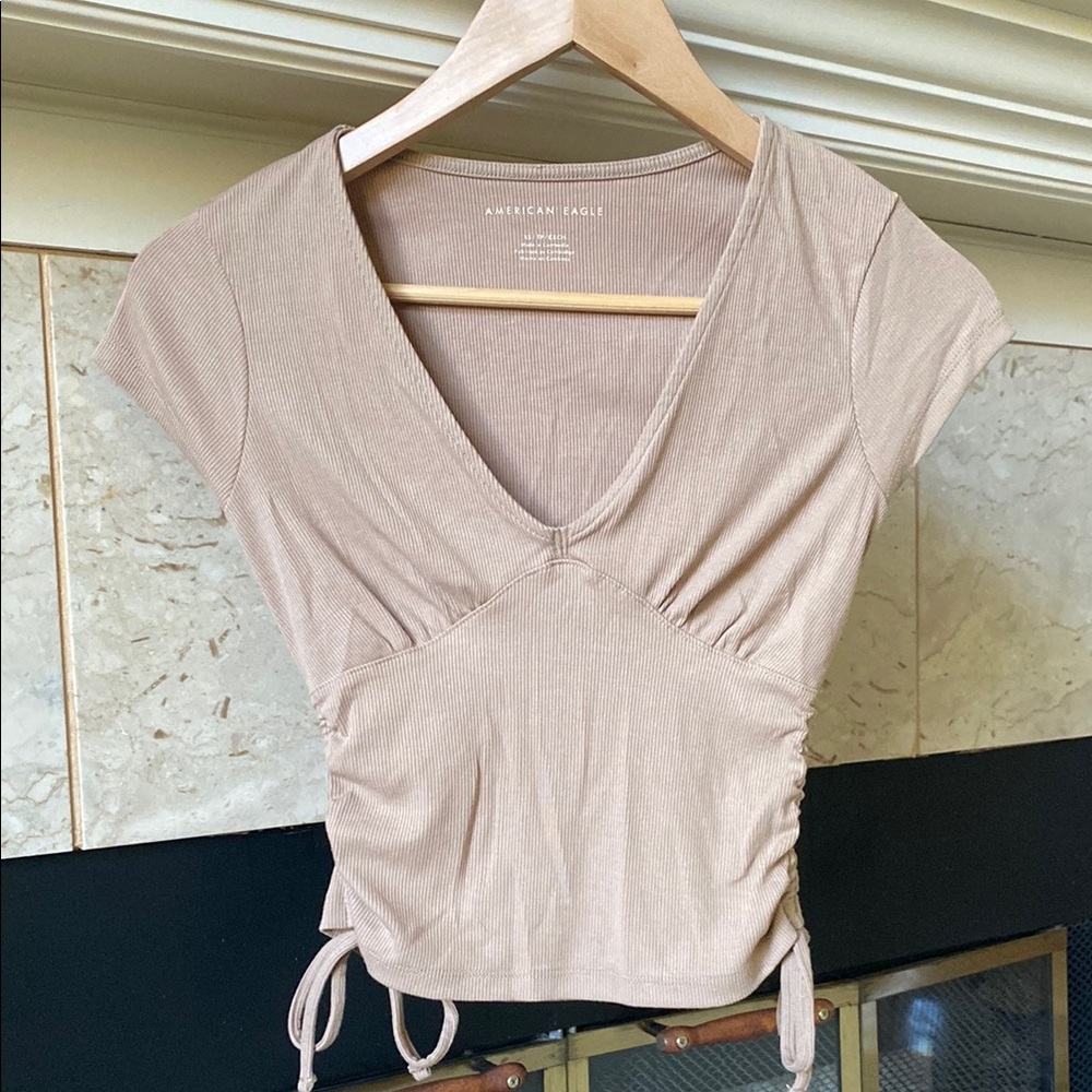 American Eagle Outfitters Beige Ruched-Cinch Top